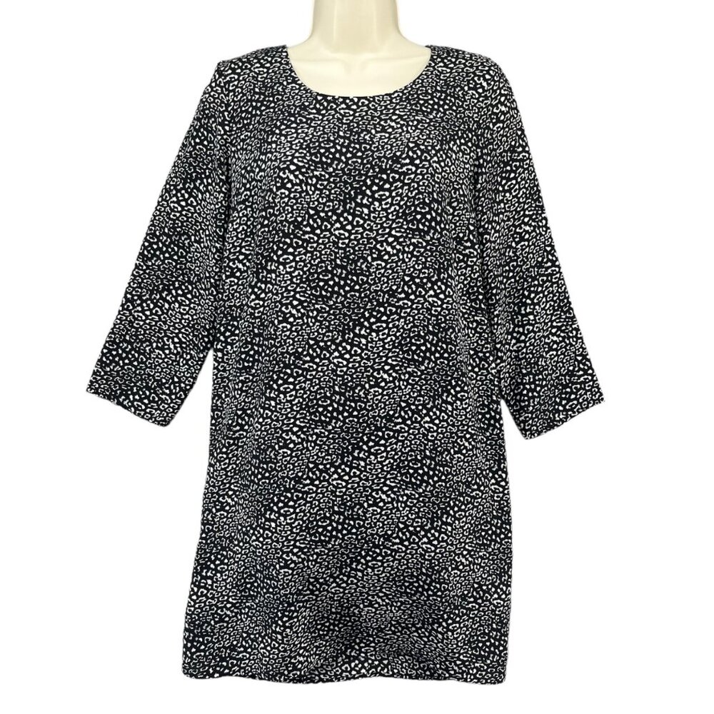 Peyton Jensen Leopard Shift Dress Black White Printed Long Sleeve Lined Size XS